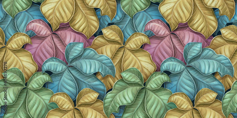 Multicolor background, texture. Green fresh leaves, jungle, hawaii. Tropical seamless pattern. Hand-drawn premium 3d illustration. Luxury wallpaper, mural, cloth, fabric printing, scrapbooking, poster