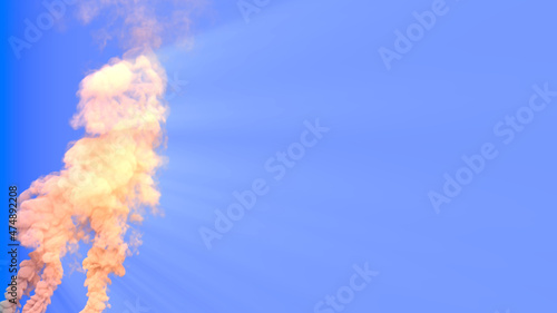 carbon smoke from power plant or factory on blue sky with sun beams - abstract 3D illustration