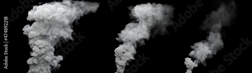 3 white contamination smoke columns from oil power plant on black, isolated - industrial 3D illustration