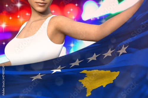 beautiful woman holds Kosovo flag in front on the party lights - flag concept 3d illustration