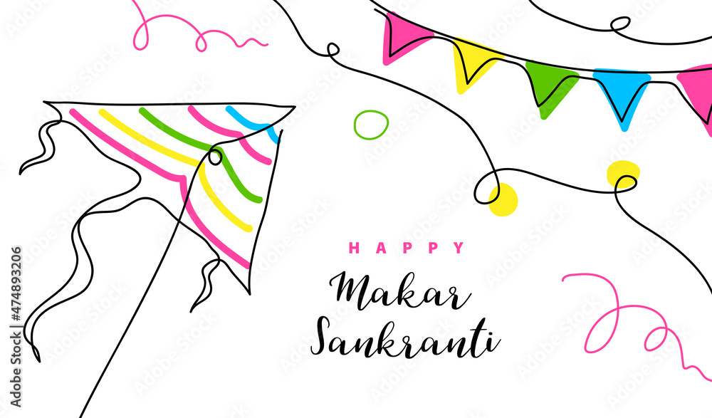 Makar Sankranti vector banner, poster. Kite one line art drawing background.  Continuous lineart with text Happy Makar Sankranti Stock Vector | Adobe  Stock