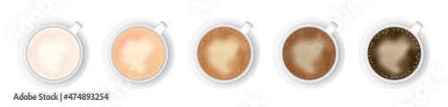 Vector illustration of five coffee cups with gradient color palette – lighter to darker shades. White, brown, and black coffee color shades. Five coffee mugs isolated on a white background. Top view.