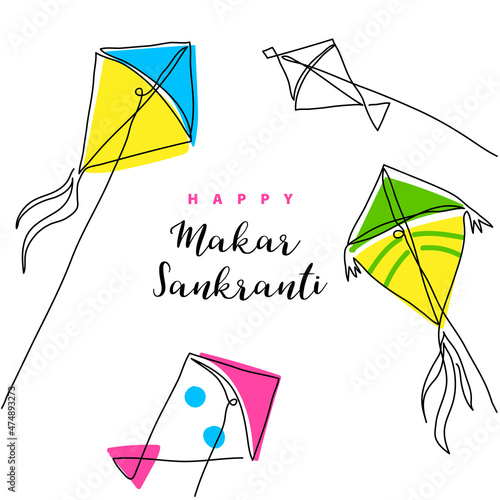 Makar Sankranti vector banner, poster. Kite one line art drawing background. Continuous lineart with text Happy Makar Sankranti