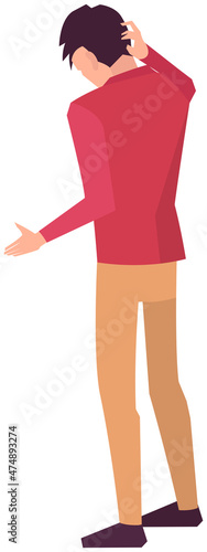 Questioned man hesitating, standing in doubt before difficult business decision. Puzzled pensive businessman scratches back of his head. Confused male character isolated on white background