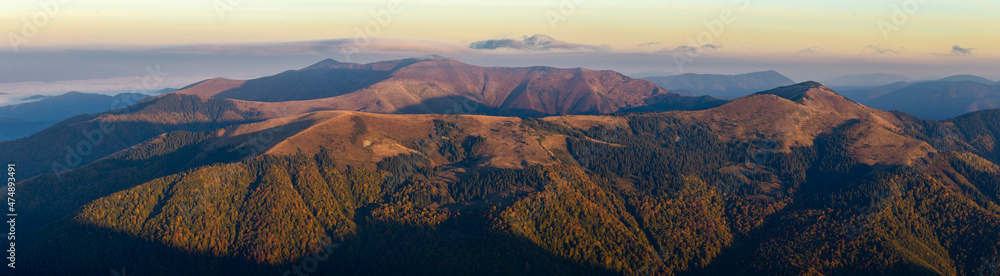 Panorama of the Carpathian Mountains, Gorgany region, Pishkonya ridge, Synevyr National Nature Park. Panorama of autumn Carpathian mountains and ridges. Tourism and mountains concept.