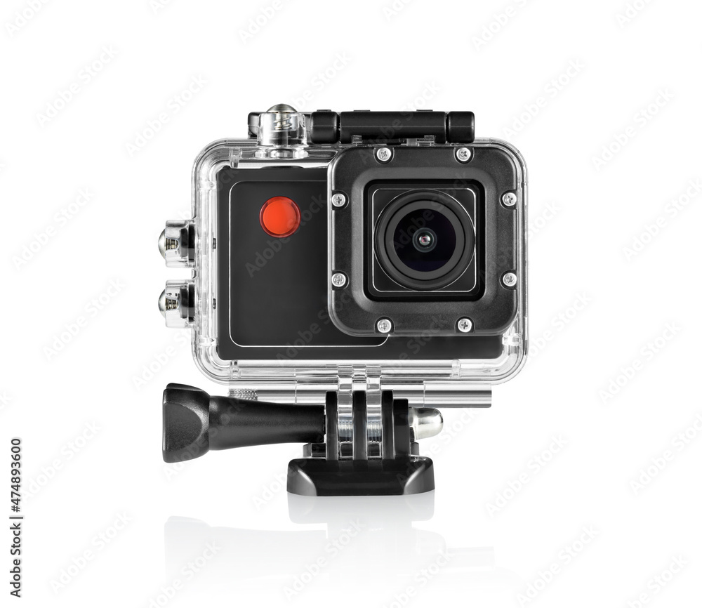 Front view of dark gray simple action camera inside protection box, isolated