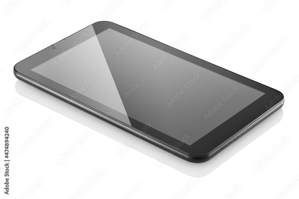 Three quarter view of simple black tablet lying down, isolated
Three quarter view of simple black tablet lying down, isolated