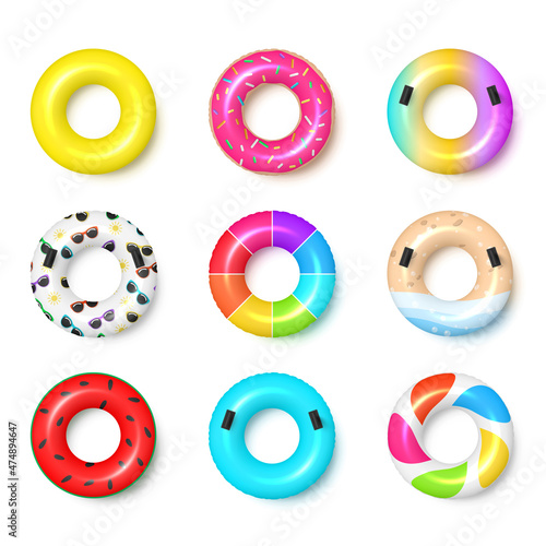 Collection multicolored realistic rubber swim ring top view vector illustration swimming ring toy