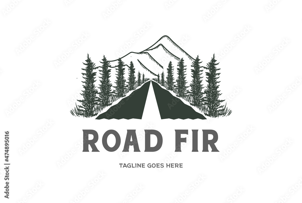 Road Street Way with Mountain Pine Evergreen Fir Conifer Cypress Larch Trees Forest Logo Design Vector
