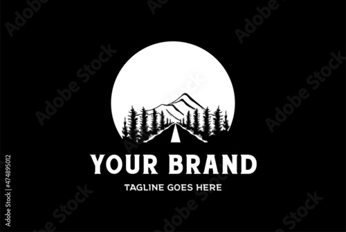 Sunset Sunrise or Moon Night Road Street Way with Mountain Pine Evergreen Fir Conifer Cypress Larch Trees Forest Logo Design Vector