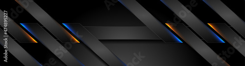 Abstract black stripes with blue orange neon glowing light. Vector technology banner design