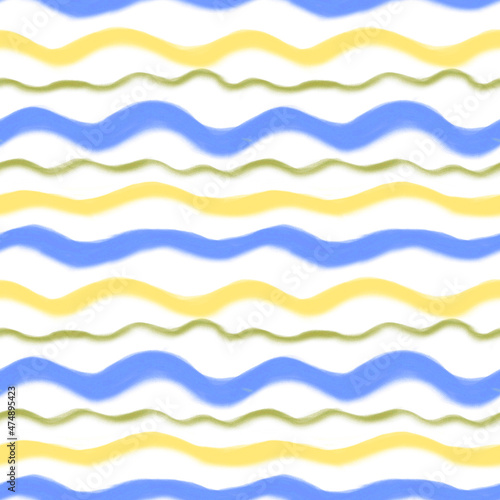 Seamless white background with yellow, green and blue waves.