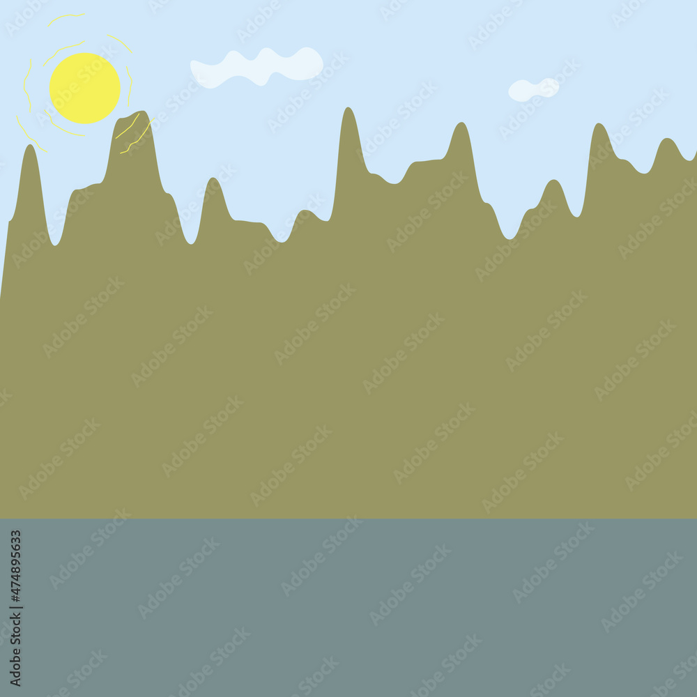 Simple vector background in gray-blue tones: sky, sun, mountains, clouds