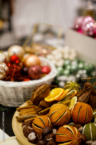 Elements of Christmas decor close-up; preparation for decorating the house before the holidays