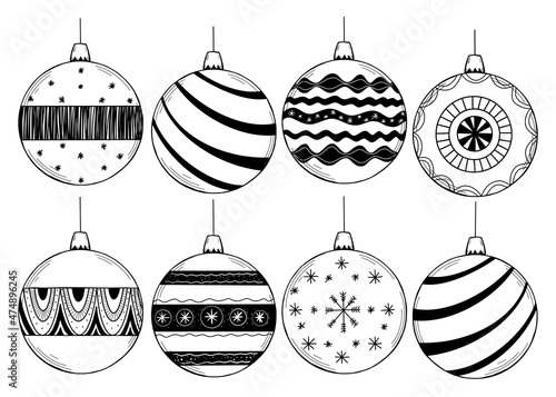 Vector set of hand drawn Christmas ball toy. Christmas coloring page book