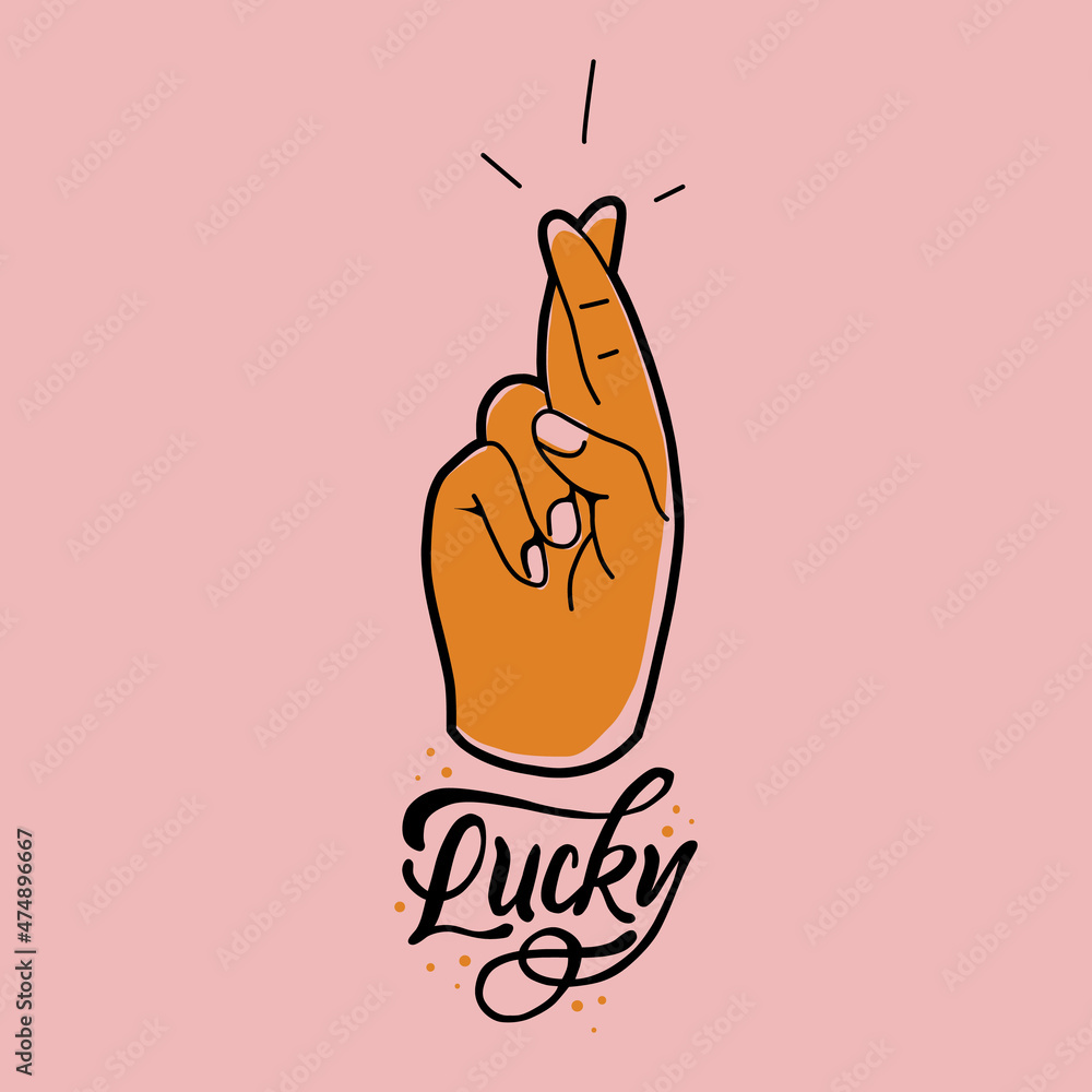 yellow hand crossing fingers and wishing for good luck.fingers crossed,hand  gesture.lucky sign.promise signal with two fingers.flat design style.vector  illustration hand wishing something.lettering Stock Vector