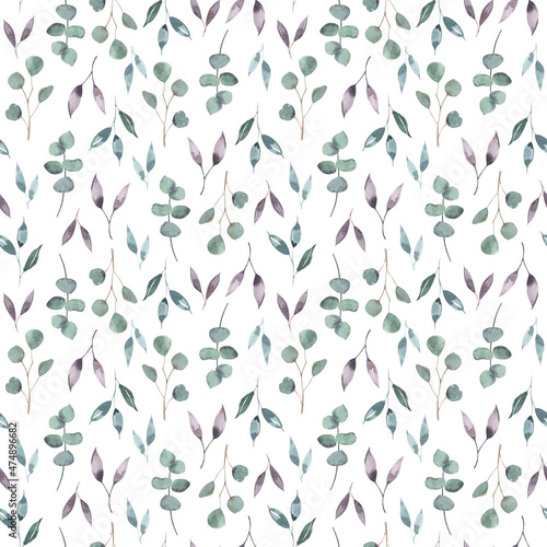 Christmas seamless pattern with green leaves, eucalyptus and blue berries. Hand made illustration. New year on white background. for textile, greeting cards,wallpaper, wrapping papers, holiday.