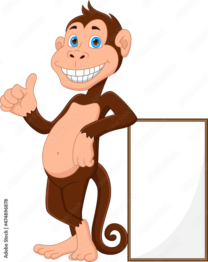 cartoon cute monkey thumbs up with blank sign Stock Vector | Adobe Stock