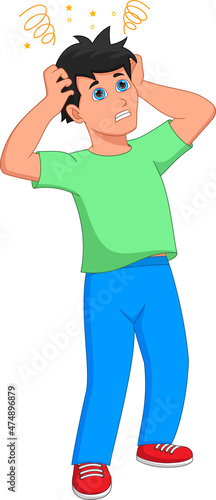 dizzy boy holding head cartoon