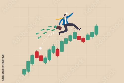 Success trader make profit with investment trading, stock market growth, get rich from Crypto trading concept, confidence businessman investor with money briefcase running on candlestick graph.