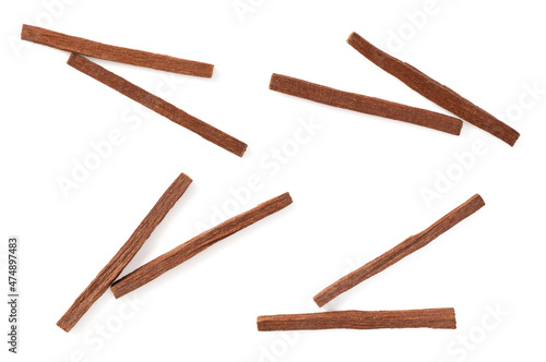 Sandalwood sticks isolated on white background, top view