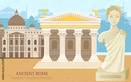 Ancient roman pantheon temple column building in city square, antique culture structures and statue. Italian landmark Pantheon old temple in city square. Traditional historical landscape ancient times