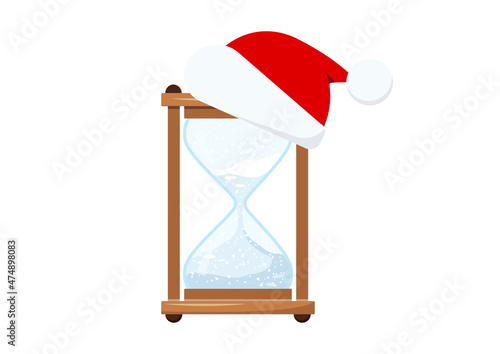 Christmas coundown hourglass in Santa Claus hat deadline winter timer. Xmas hourglass or sand glass with snow isolated on white background. Vector rush flat design cartoon illustration. photo
