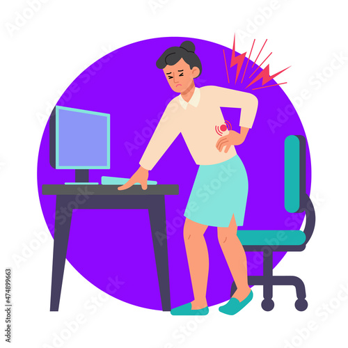 Woman with backache symptom at workplace vector illustration