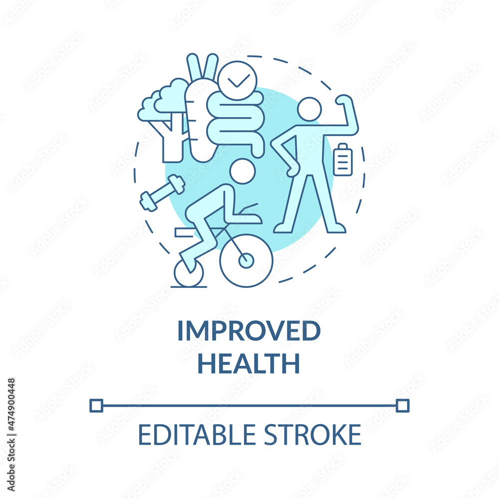 Improved health turquoise concept icon. Balanced lifestyle for wellness abstract idea thin line illustration. Isolated outline drawing. Editable stroke. Roboto-Medium, Myriad Pro-Bold fonts used