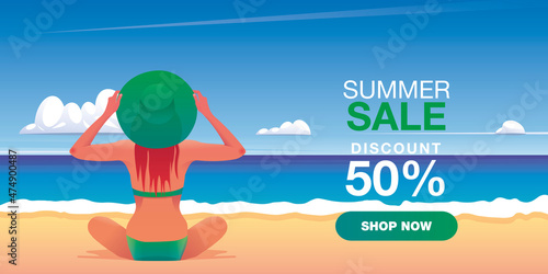 Vector Cartoon. Summer sale banner template design with woman in bikini sits on the beach illustration