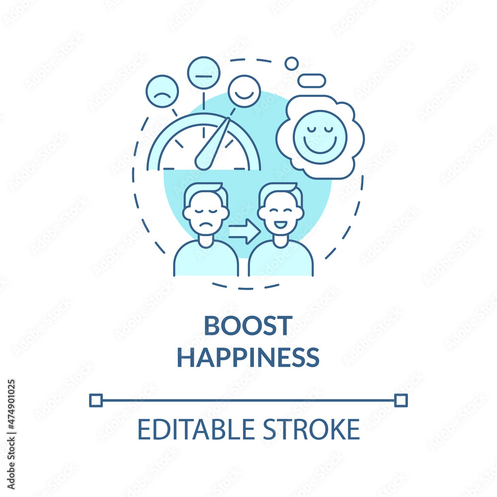 Boost happiness turquoise concept icon. Think positive. Wellness lifestyle abstract idea thin line illustration. Isolated outline drawing. Editable stroke. Roboto-Medium, Myriad Pro-Bold fonts used