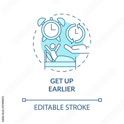 Get up earlier turquoise concept icon. Sleep pattern and healthy lifestyle abstract idea thin line illustration. Isolated outline drawing. Editable stroke. Roboto-Medium, Myriad Pro-Bold fonts used