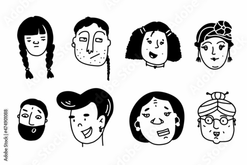 Doodle cute faces set. Hand-drawn outline people isolated on white background. Human Avatar Collection. Cartoon young, old different expressions of women, men. Children's portrait. Vector illustration