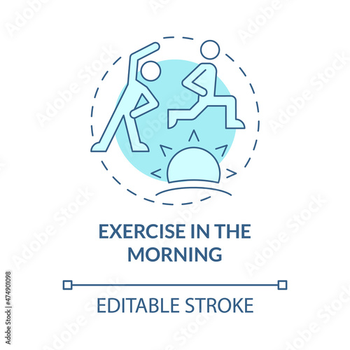 Exercise in morning turquoise concept icon. Workout for healthy lifestyle abstract idea thin line illustration. Isolated outline drawing. Editable stroke. Roboto-Medium, Myriad Pro-Bold fonts used