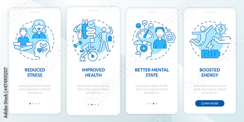 Benefits of life balance blue onboarding mobile app screen. Wellness walkthrough 4 steps graphic instructions pages with linear concepts. UI, UX, GUI template. Myriad Pro-Bold, Regular fonts used