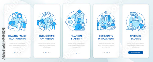 Signs of balanced life blue onboarding mobile app screen. Positivity walkthrough 5 steps graphic instructions pages with linear concepts. UI, UX, GUI template. Myriad Pro-Bold, Regular fonts used