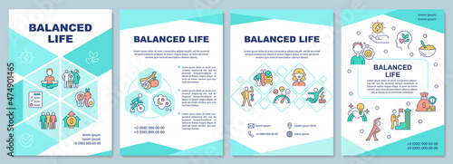 Balanced life mint brochure template. Healthy lifestyle. Booklet print design with linear icons. Vector layouts for presentation, annual reports, ads. Arial-Black, Myriad Pro-Regular fonts used