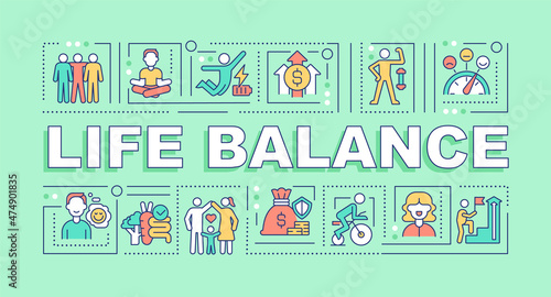 Life balance word concepts green banner. Healthy lifestyle. Infographics with linear icons on background. Isolated typography. Vector outline color illustration with text. Arial-Black font used