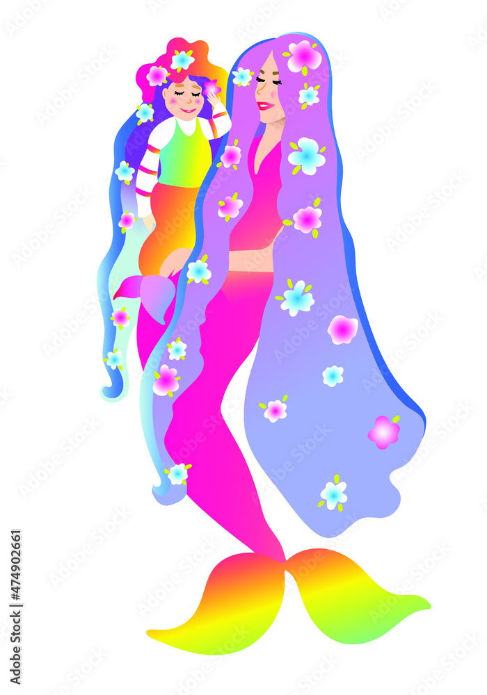 Mermaids. Mom and daughter. Family. Flowers in your hair. Children's illustration for coloring pages, prints, stickers, postcards, textiles. Design element. Vector illustration. Isolated.