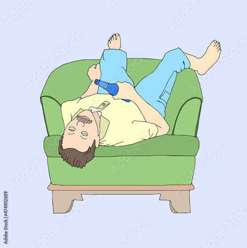 Feeling unwell after drinking alcohol. A man sleep with a bottle in his hand. Illustration