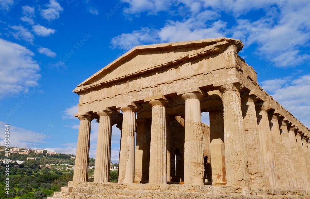 Remains of Greek Temple of Concordia in Valley of the Temples (Valle dei Templi). UNESCO World Heritage Site in Agrigento, Sicily, Italy.
