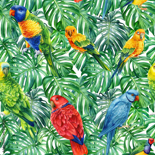 Watercolor seamless pattern with parrots. Tropical birds and jungle palm leaves. Hand painted Floral design © Hanna