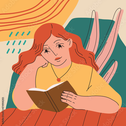 Cute girl reading book. Hand drawn vector female illustration of pretty young woman with book with abstract background