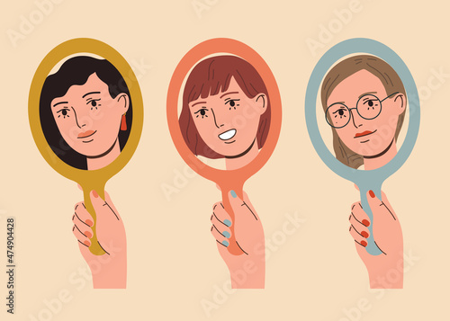 Set of happy beautiful women looking in the mirror and smiling. Love yourself, self acceptance concept.  Hand drawn vector colorful funny cartoon style illustration