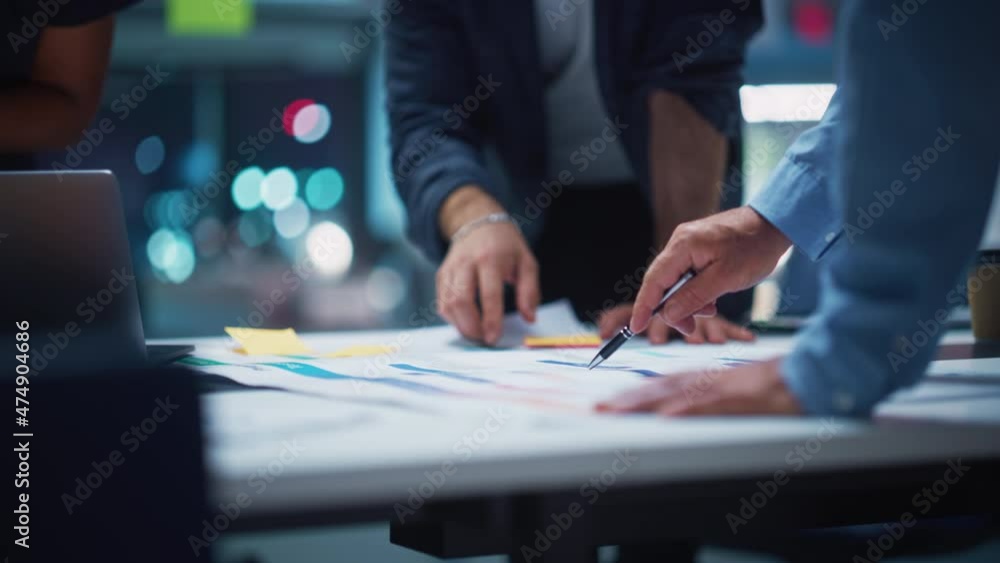 Office Conference Room Meeting in Close Up: Focusing on Hands on Table: Diverse Team of Top Managers Talk, Discuss, Brainstorm, Use Laptop Computer. Business Partners Negotiating Investment Strategy.