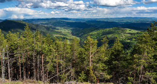 Beautiful landscape nature photography. Beautiful skies cover the mountains and meadows. Top view. 