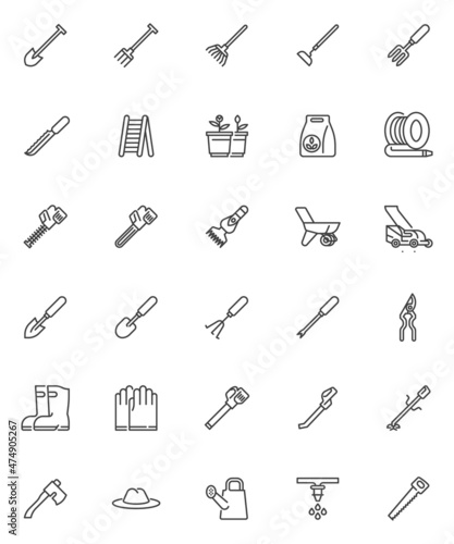 Gardening tools line icons set