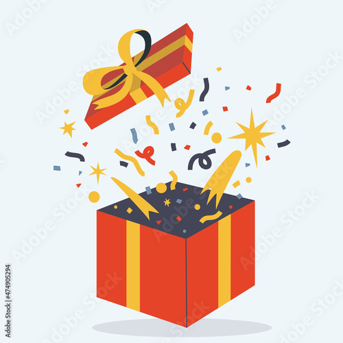 Opened gift box with confetti. Surprise concept. Hand drawn vector colorful funny cartoon style illustration. 