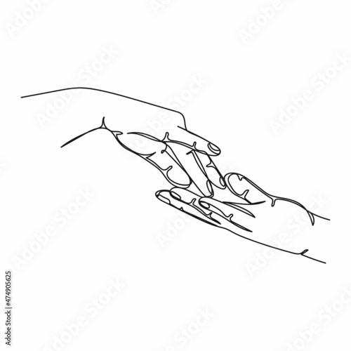 Vector abstract continuous one single simple line drawing icon of graceful touch of the hands of the bride and groom wedding in silhouette sketch. © Yana