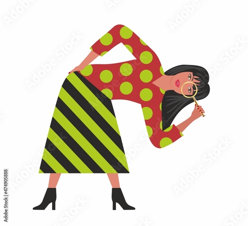 Woman in difficult position trying to search through magnifying glass. Isolated on white background. Vector illustration. EPS10.
